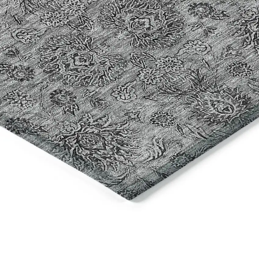 Gray Silver And Charcoal Floral Washable Indoor Outdoor Area Rug Photo 3