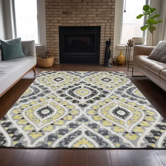 Gray Silver And Charcoal Floral Washable Indoor Outdoor Area Rug Photo 9