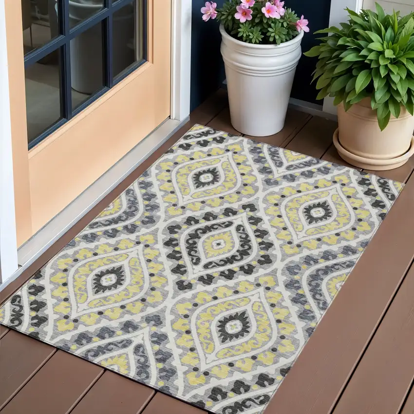 Gray Silver And Charcoal Floral Washable Indoor Outdoor Area Rug Photo 1