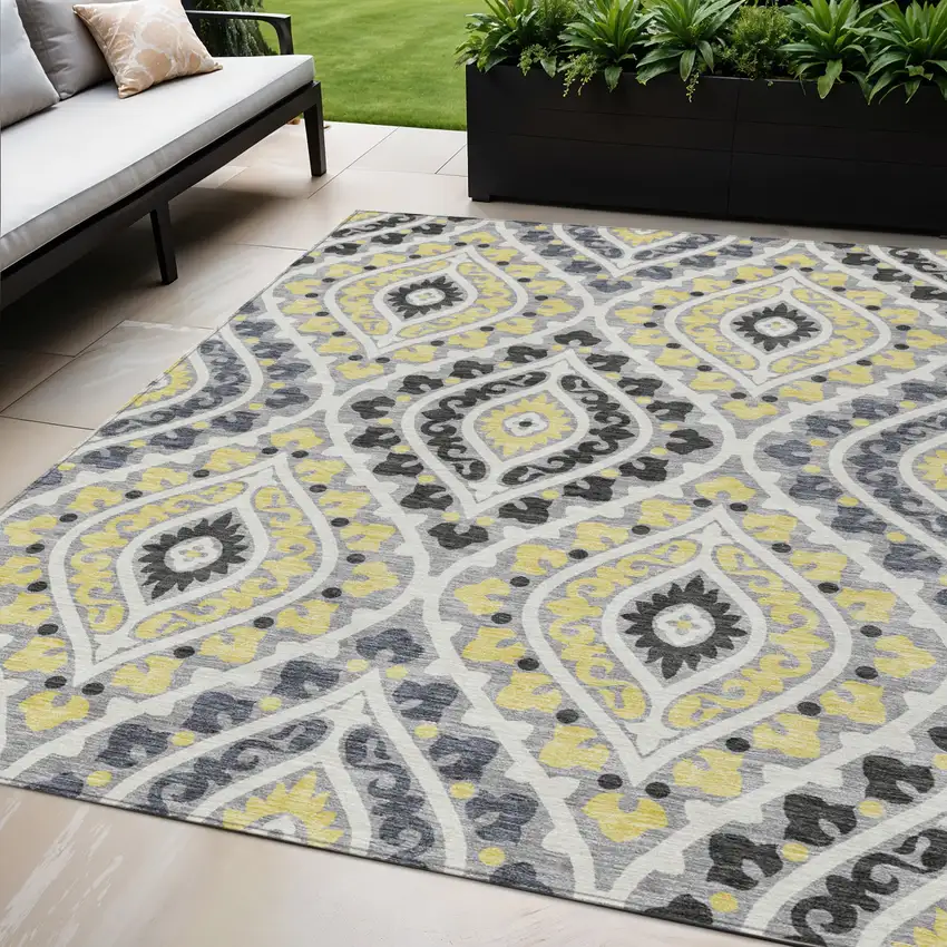Gray Silver And Charcoal Floral Washable Indoor Outdoor Area Rug Photo 1