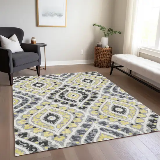 Gray Silver And Charcoal Floral Washable Indoor Outdoor Area Rug Photo 9
