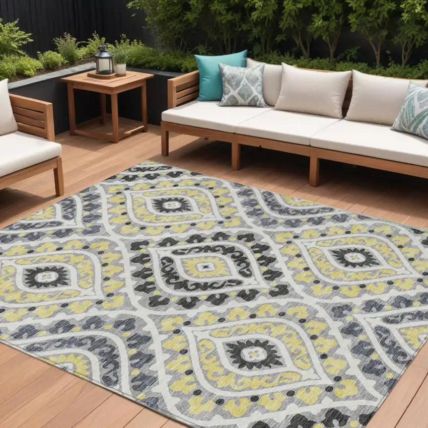 Gray Silver And Charcoal Floral Washable Indoor Outdoor Area Rug Photo 1