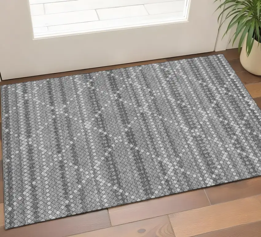 Gray Silver And Charcoal Geometric Washable Area Rug With UV Protection Photo 1