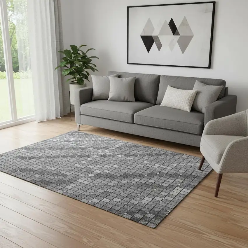Gray Silver And Charcoal Geometric Washable Area Rug With UV Protection Photo 2