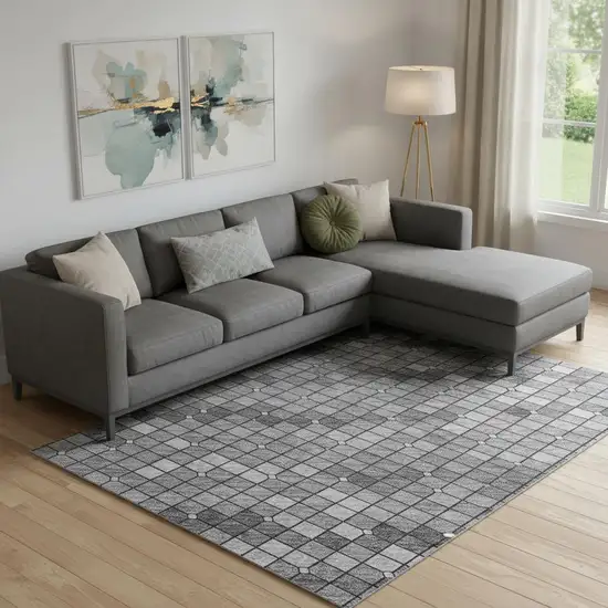 Gray Silver And Charcoal Geometric Washable Area Rug With UV Protection Photo 2