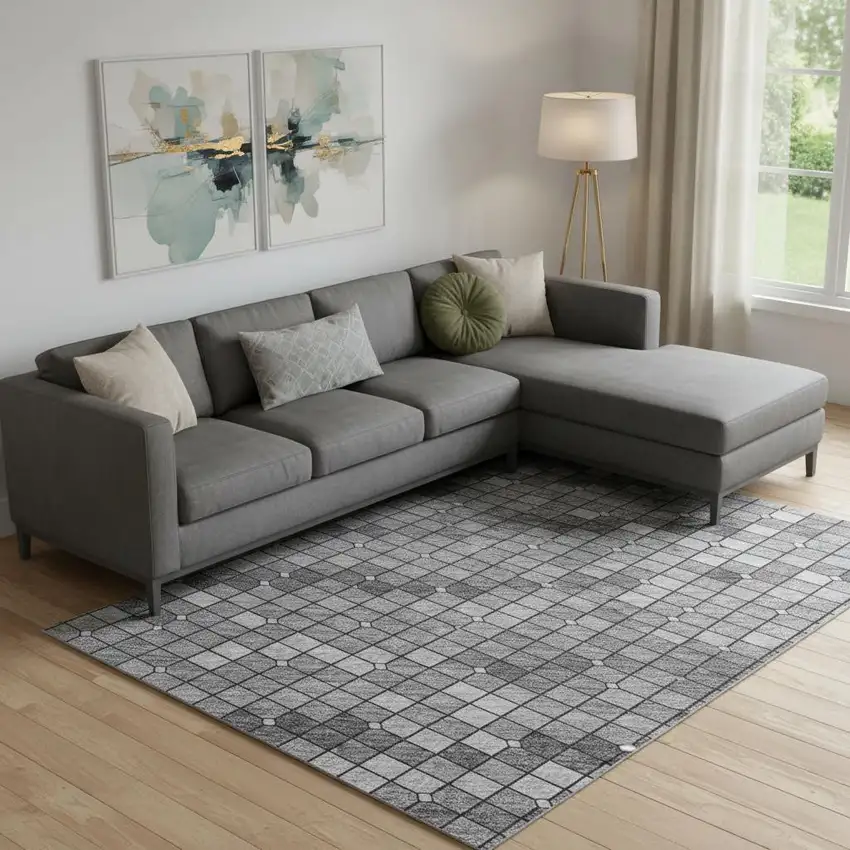 Gray Silver And Charcoal Geometric Washable Area Rug With UV Protection Photo 2