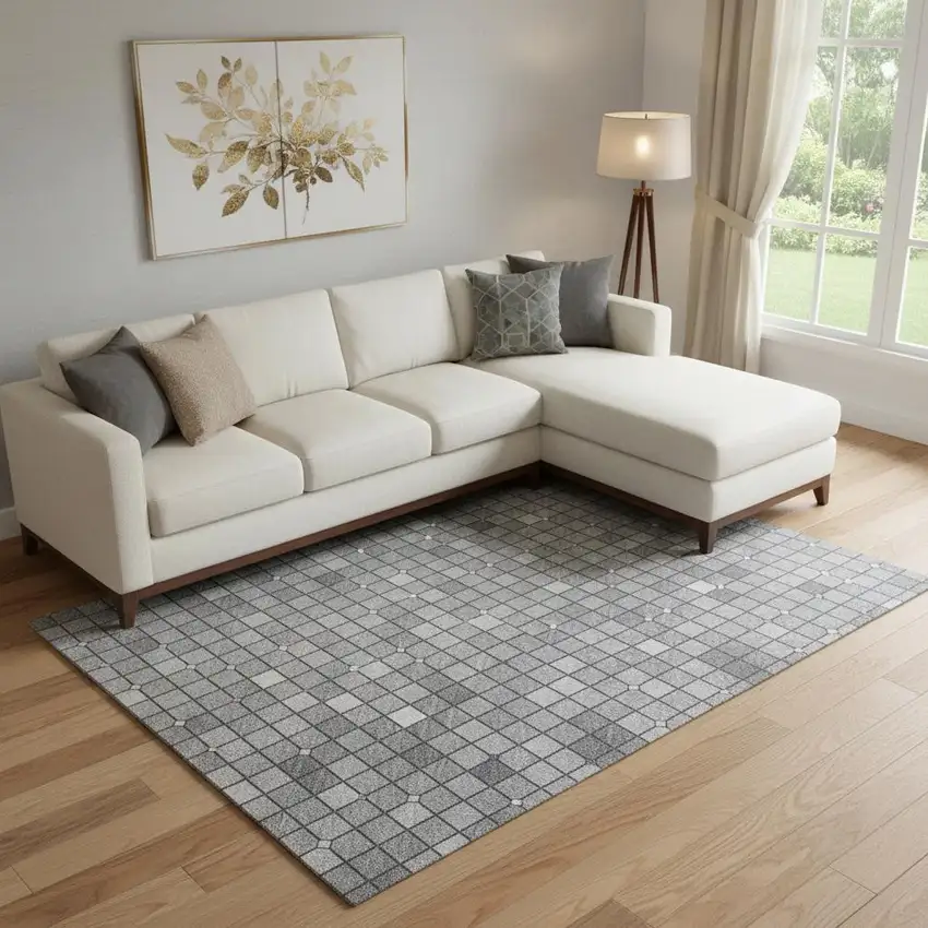 Gray Silver And Charcoal Geometric Washable Area Rug With UV Protection Photo 2