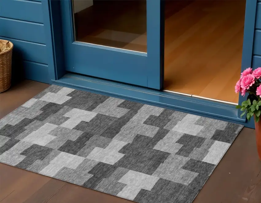 Gray Silver And Charcoal Geometric Washable Indoor Outdoor Area Rug Photo 1