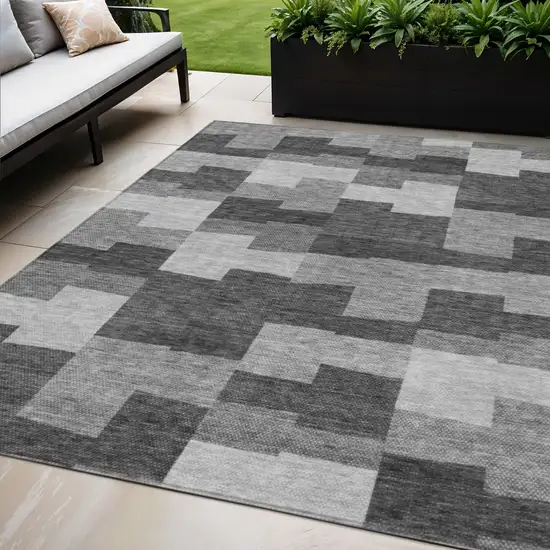 Gray Silver And Charcoal Geometric Washable Indoor Outdoor Area Rug Photo 1