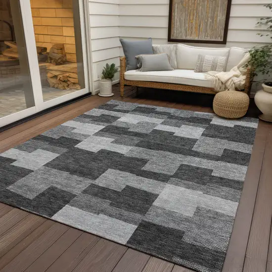Gray Silver And Charcoal Geometric Washable Indoor Outdoor Area Rug Photo 9