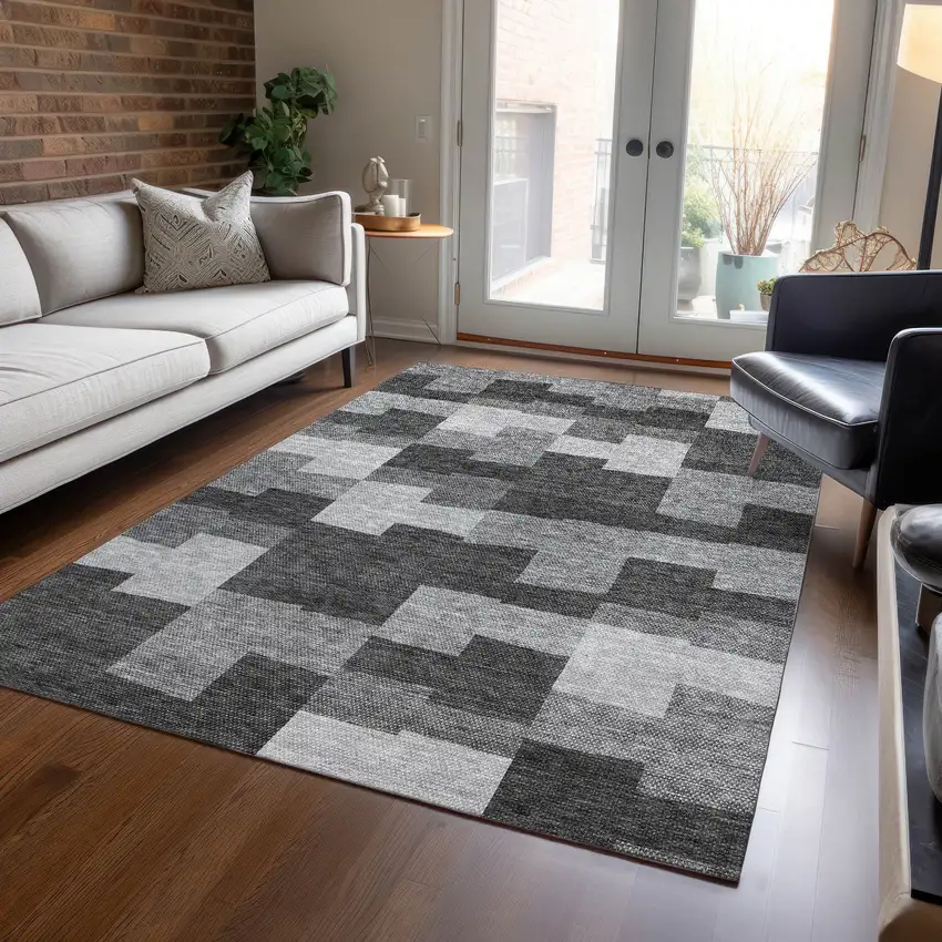 Gray Silver And Charcoal Geometric Washable Indoor Outdoor Area Rug Photo 8