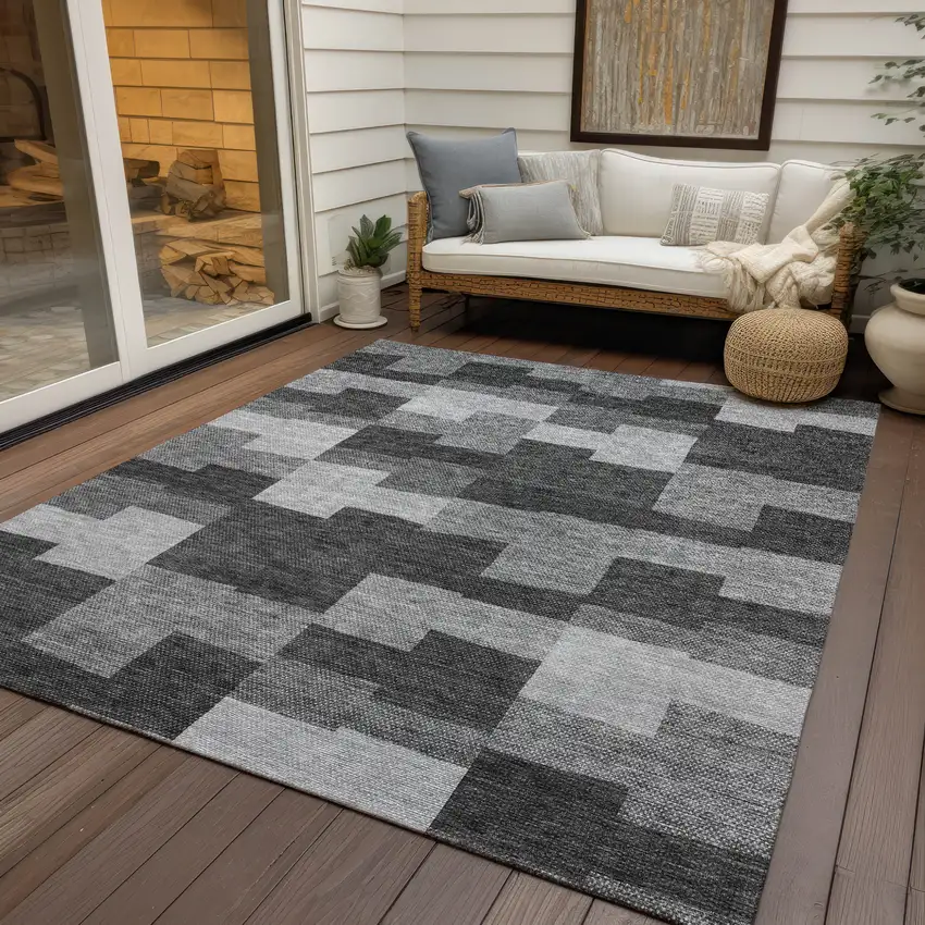 Gray Silver And Charcoal Geometric Washable Indoor Outdoor Area Rug Photo 9