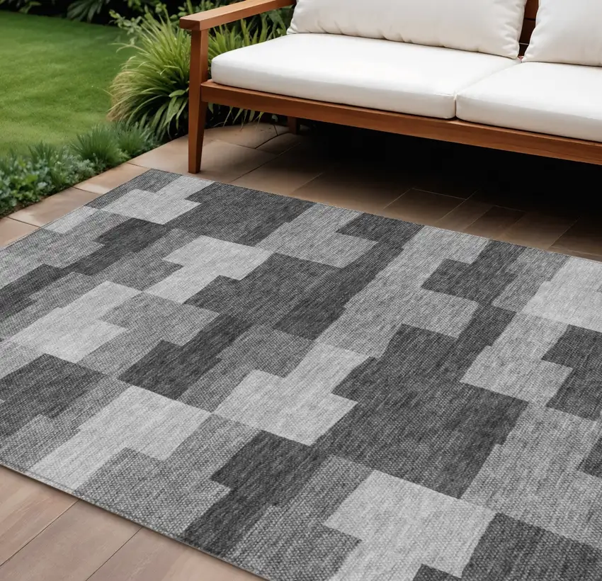 Gray Silver And Charcoal Geometric Washable Indoor Outdoor Area Rug Photo 1