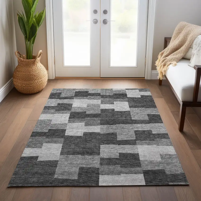 Gray Silver And Charcoal Geometric Washable Indoor Outdoor Area Rug Photo 9