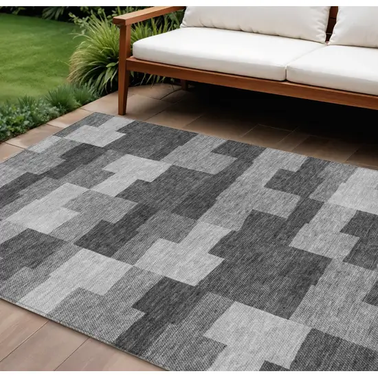 Gray Silver And Charcoal Geometric Washable Indoor Outdoor Area Rug Photo 1