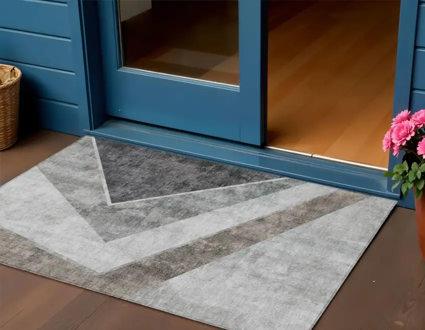 Gray Silver And Charcoal Geometric Washable Indoor Outdoor Area Rug Photo 1