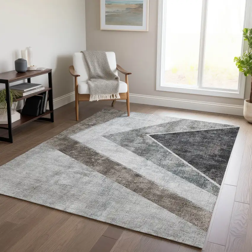 Gray Silver And Charcoal Geometric Washable Indoor Outdoor Area Rug Photo 9