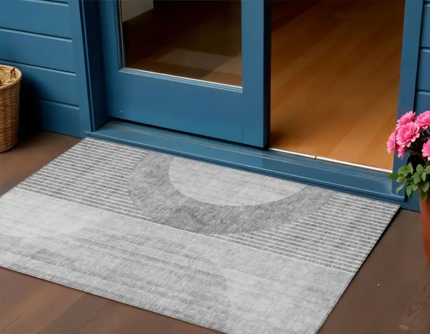 Gray Silver And Charcoal Geometric Washable Indoor Outdoor Area Rug Photo 1