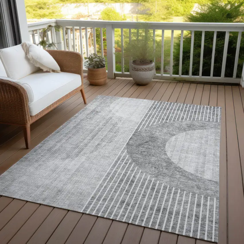 Gray Silver And Charcoal Geometric Washable Indoor Outdoor Area Rug Photo 9