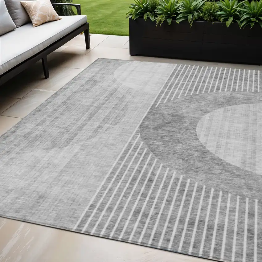 Gray Silver And Charcoal Geometric Washable Indoor Outdoor Area Rug Photo 1