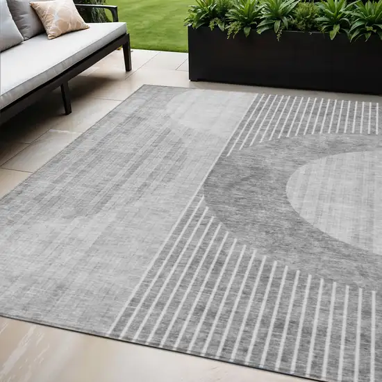 Gray Silver And Charcoal Geometric Washable Indoor Outdoor Area Rug Photo 1