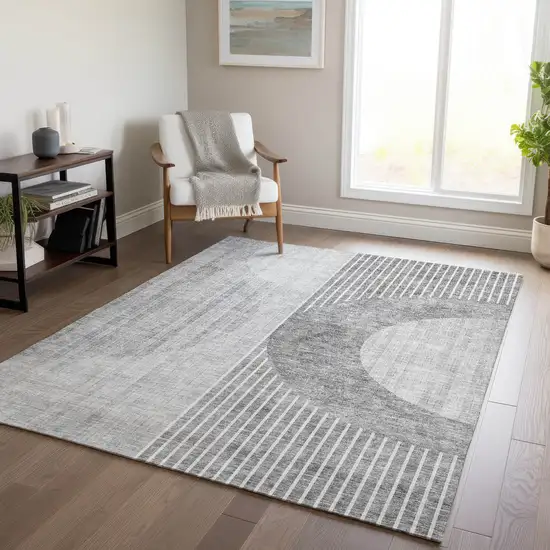Gray Silver And Charcoal Geometric Washable Indoor Outdoor Area Rug Photo 9