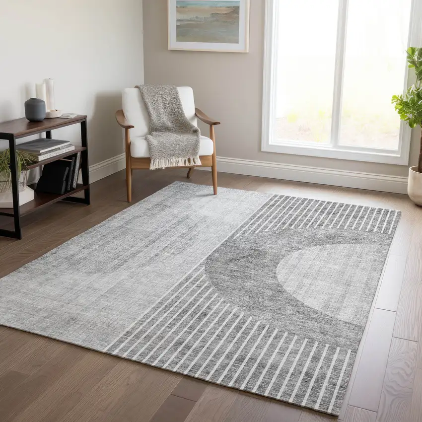 Gray Silver And Charcoal Geometric Washable Indoor Outdoor Area Rug Photo 9
