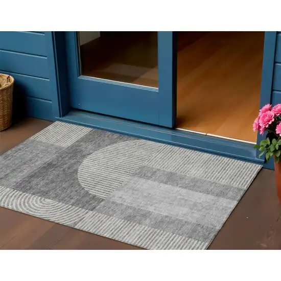 Gray Silver And Charcoal Geometric Washable Indoor Outdoor Area Rug Photo 1