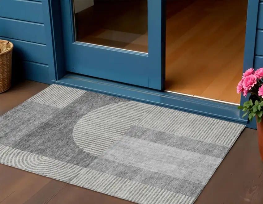 Gray Silver And Charcoal Geometric Washable Indoor Outdoor Area Rug Photo 1