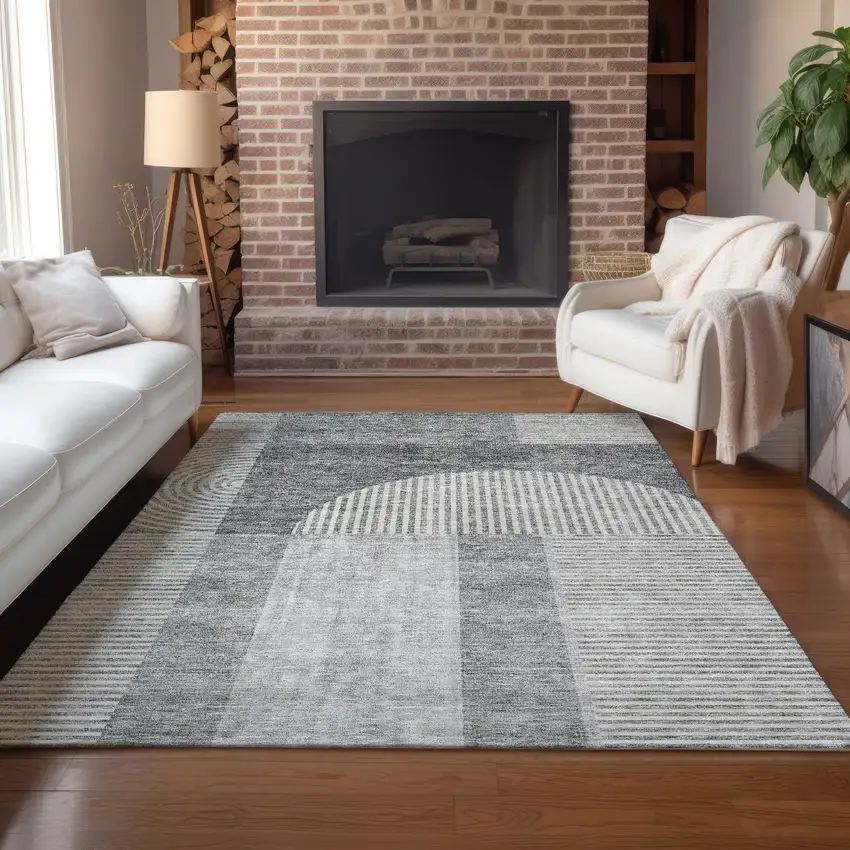 Gray Silver And Charcoal Geometric Washable Indoor Outdoor Area Rug Photo 8