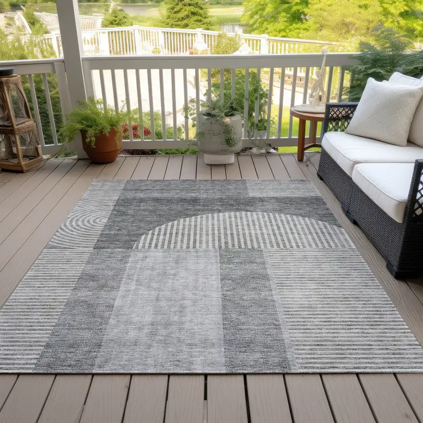 Gray Silver And Charcoal Geometric Washable Indoor Outdoor Area Rug Photo 9