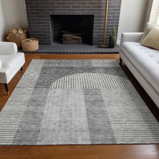 Gray Silver And Charcoal Geometric Washable Indoor Outdoor Area Rug Photo 7