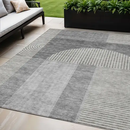 Gray Silver And Charcoal Geometric Washable Indoor Outdoor Area Rug Photo 1