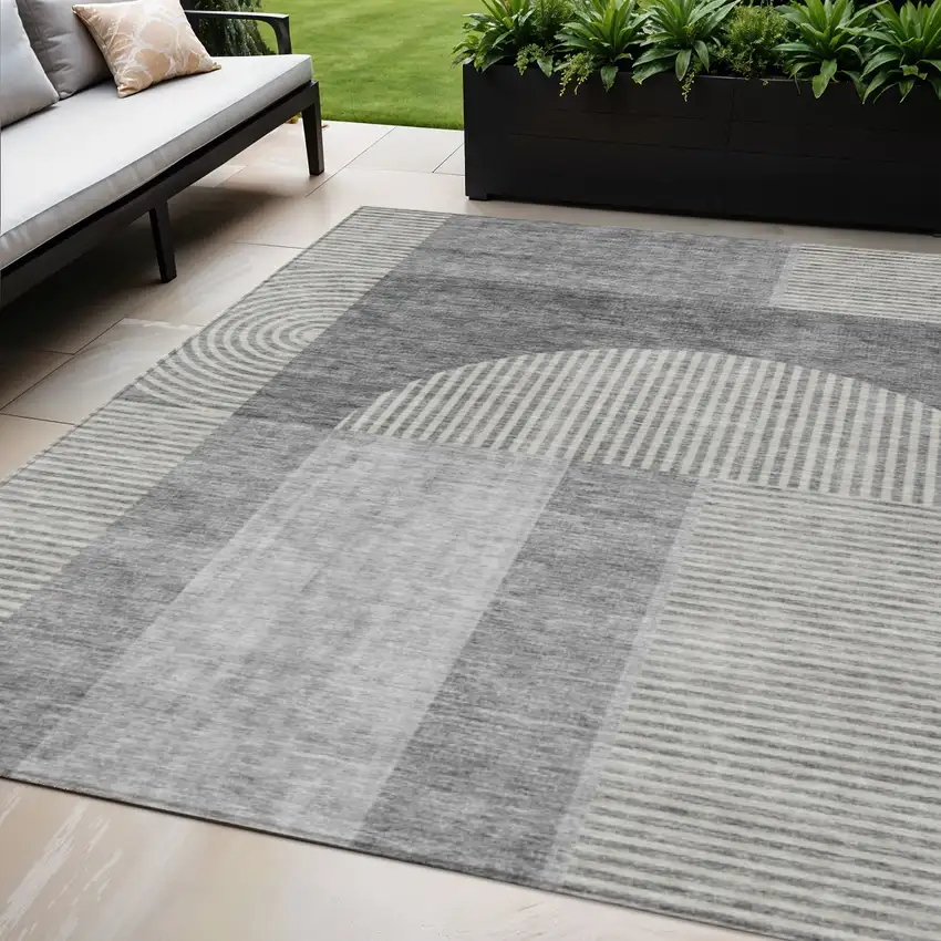 Gray Silver And Charcoal Geometric Washable Indoor Outdoor Area Rug Photo 1
