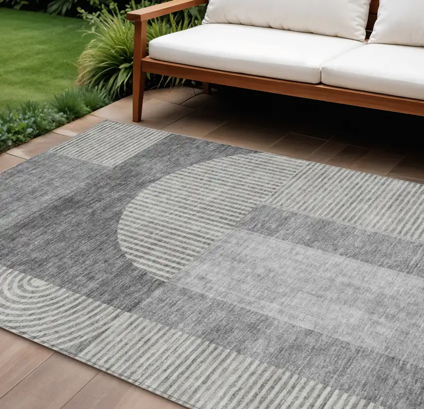 Gray Silver And Charcoal Geometric Washable Indoor Outdoor Area Rug Photo 1