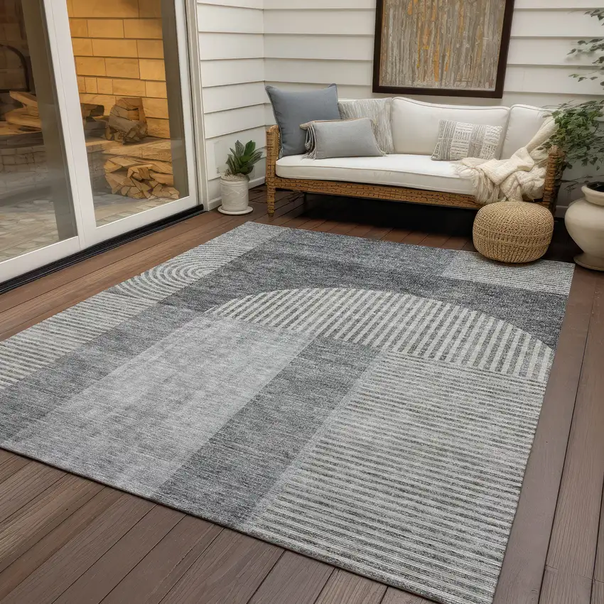Gray Silver And Charcoal Geometric Washable Indoor Outdoor Area Rug Photo 6