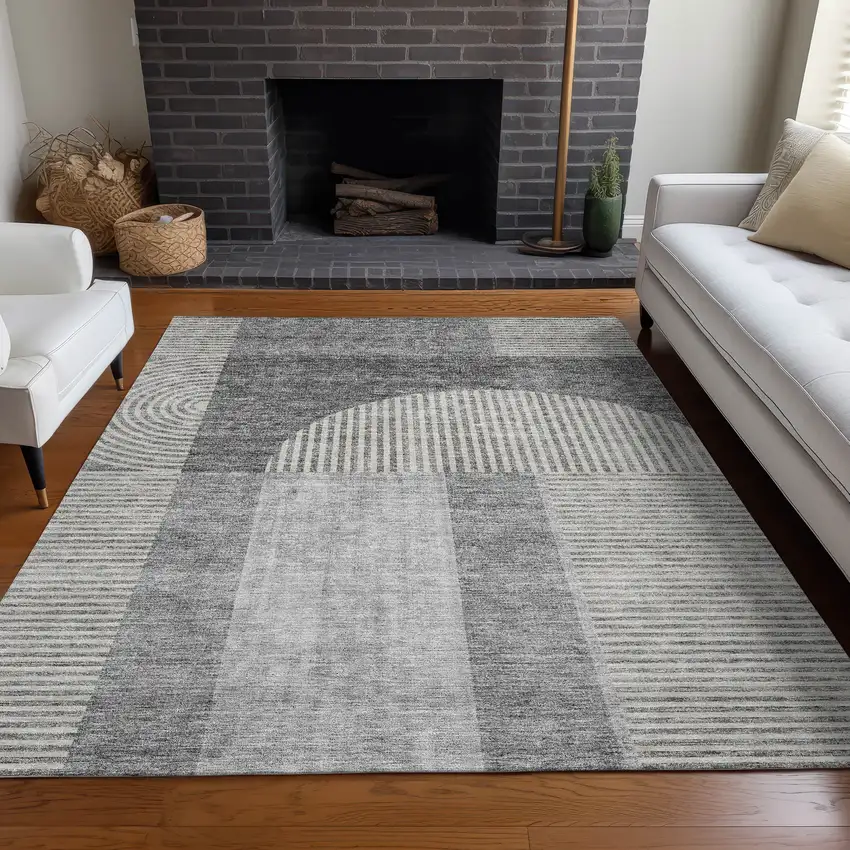 Gray Silver And Charcoal Geometric Washable Indoor Outdoor Area Rug Photo 7