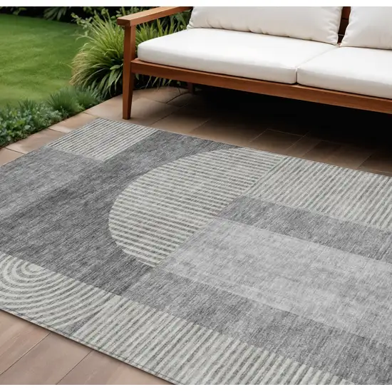 Gray Silver And Charcoal Geometric Washable Indoor Outdoor Area Rug Photo 1