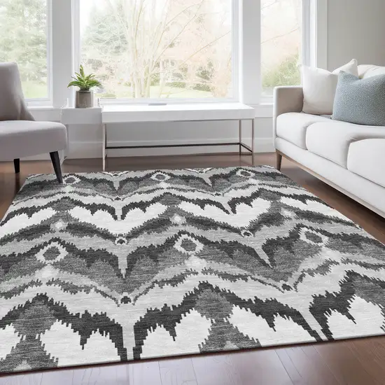 Gray Silver And Charcoal Ikat Washable Indoor Outdoor Area Rug Photo 7