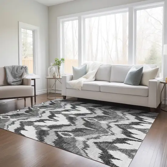 Gray Silver And Charcoal Ikat Washable Indoor Outdoor Area Rug Photo 8