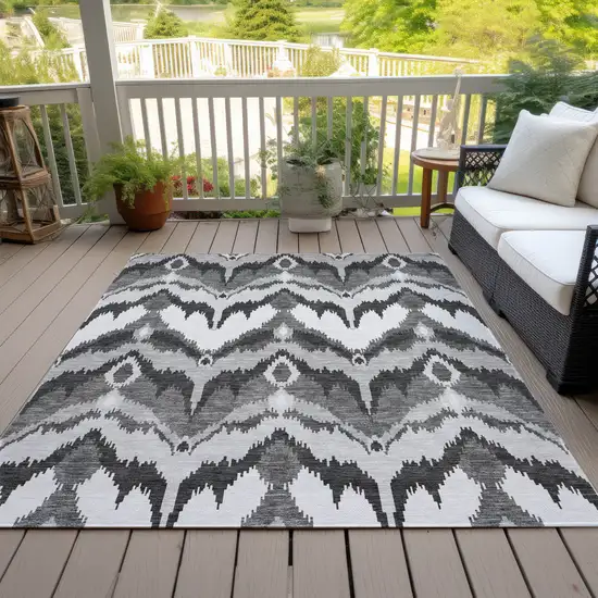 Gray Silver And Charcoal Ikat Washable Indoor Outdoor Area Rug Photo 6