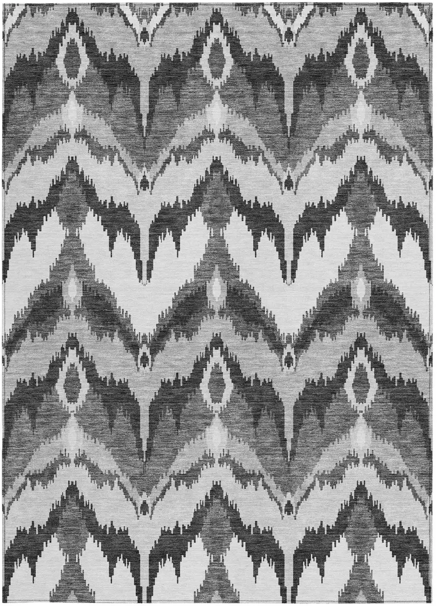 Gray Silver And Charcoal Ikat Washable Indoor Outdoor Area Rug Photo 6