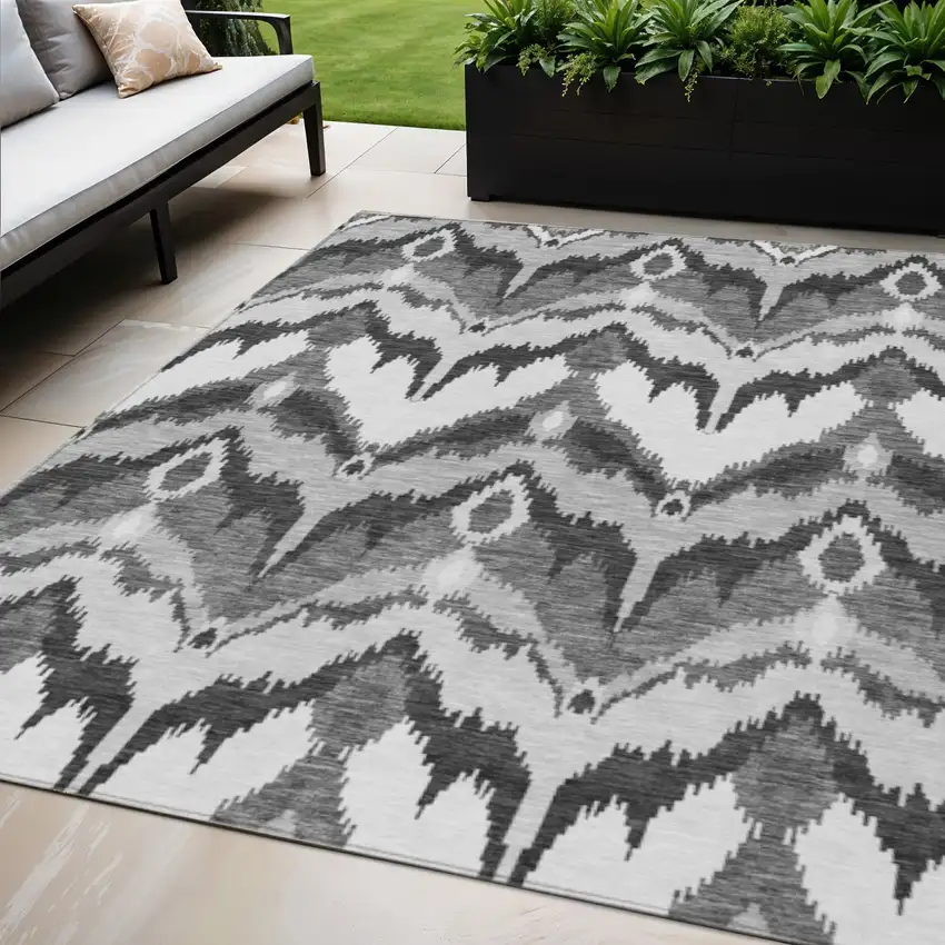Gray Silver And Charcoal Ikat Washable Indoor Outdoor Area Rug Photo 1