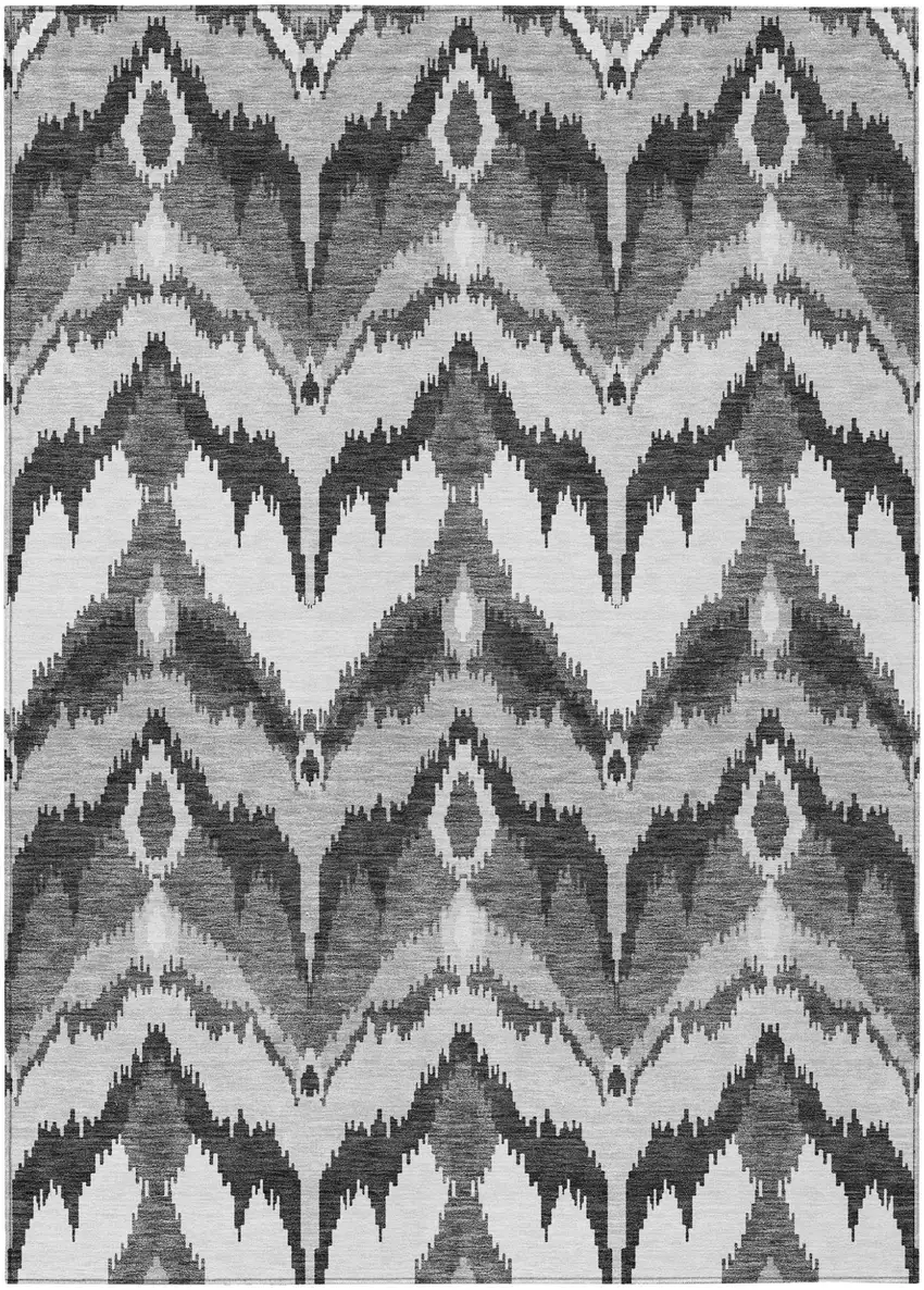 Gray Silver And Charcoal Ikat Washable Indoor Outdoor Area Rug Photo 1