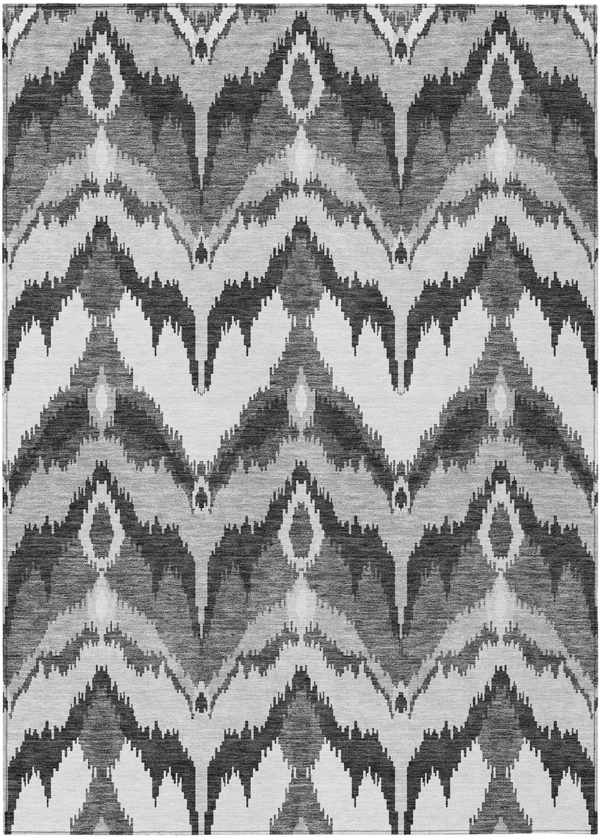 Gray Silver And Charcoal Ikat Washable Indoor Outdoor Area Rug Photo 1