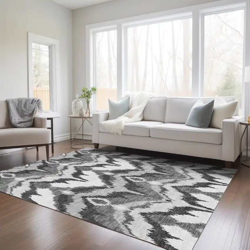Gray Silver And Charcoal Ikat Washable Indoor Outdoor Area Rug Photo 9