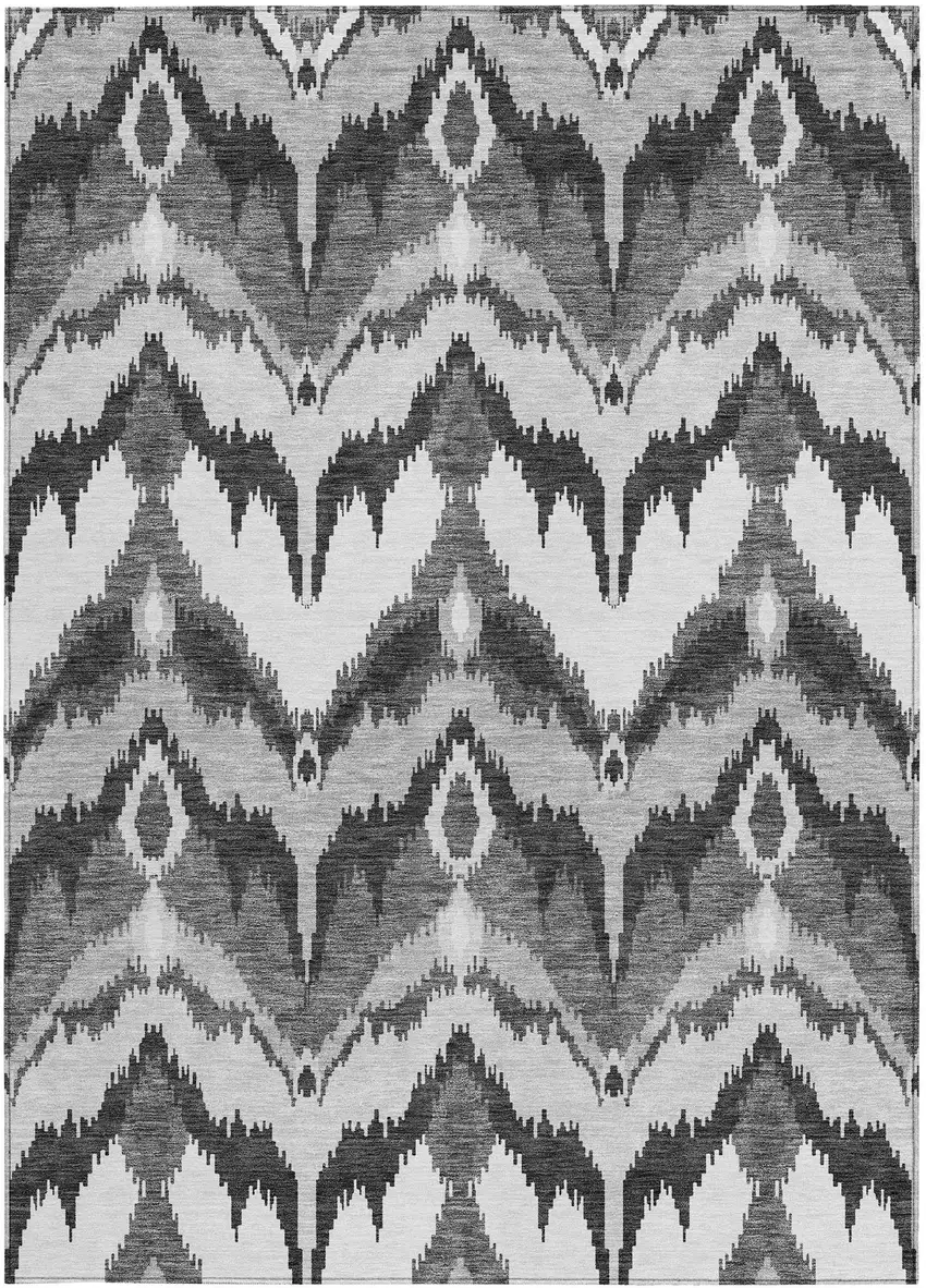 Gray Silver And Charcoal Ikat Washable Indoor Outdoor Area Rug Photo 6