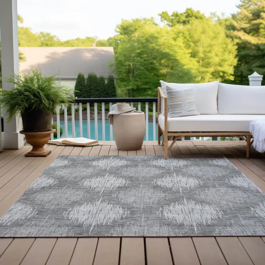 Gray Silver And Charcoal Ikat Washable Indoor Outdoor Area Rug Photo 9