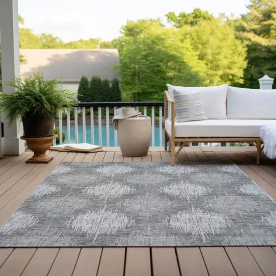 Gray Silver And Charcoal Ikat Washable Indoor Outdoor Area Rug Photo 9