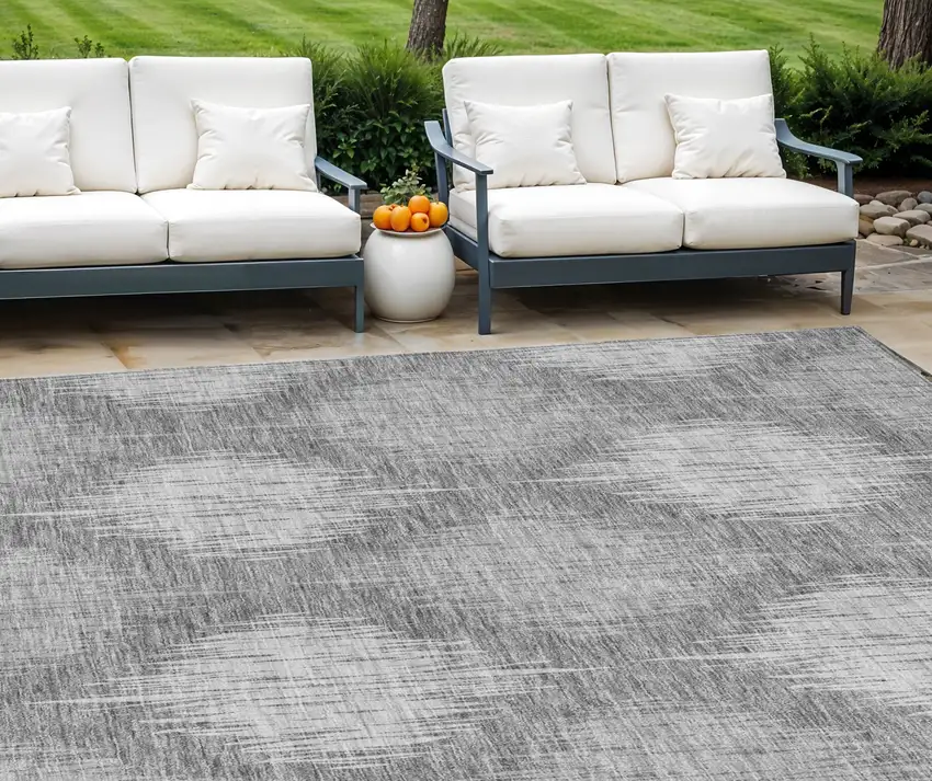 Gray Silver And Charcoal Ikat Washable Indoor Outdoor Area Rug Photo 1